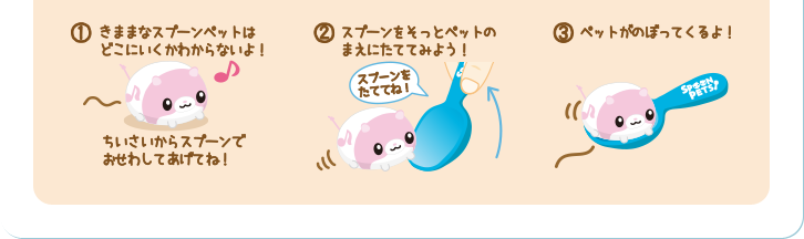 1. きままなスプーンペットはどこにいくかわからないよ！ちいさいからスプーンでおせわしてあげてね！　2. スプーンをそっとペットのまえにたててみよう！　3. ペットがのぼってくるよ！